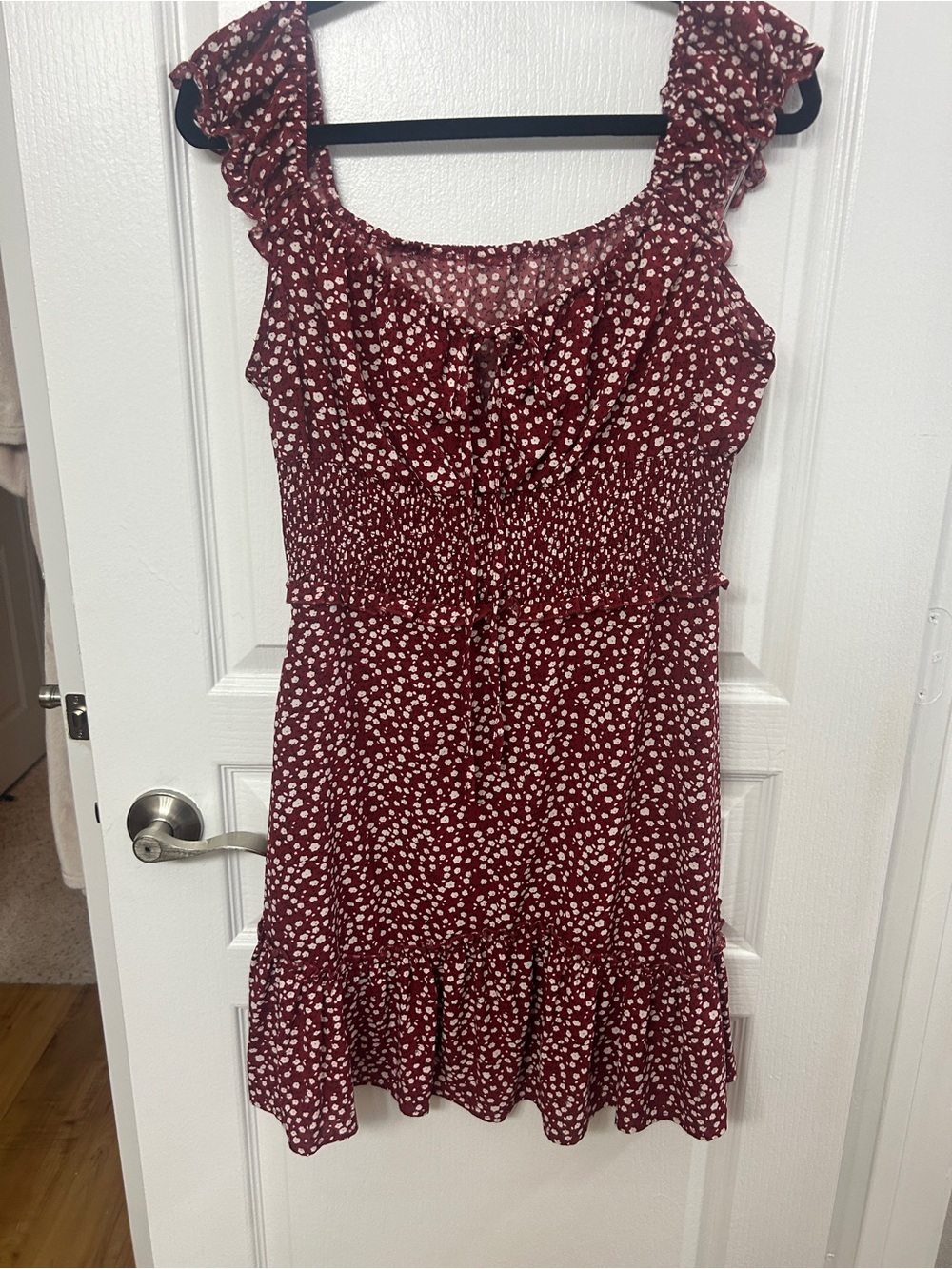 Dark Red Floral Ruffle Smocked Sundress